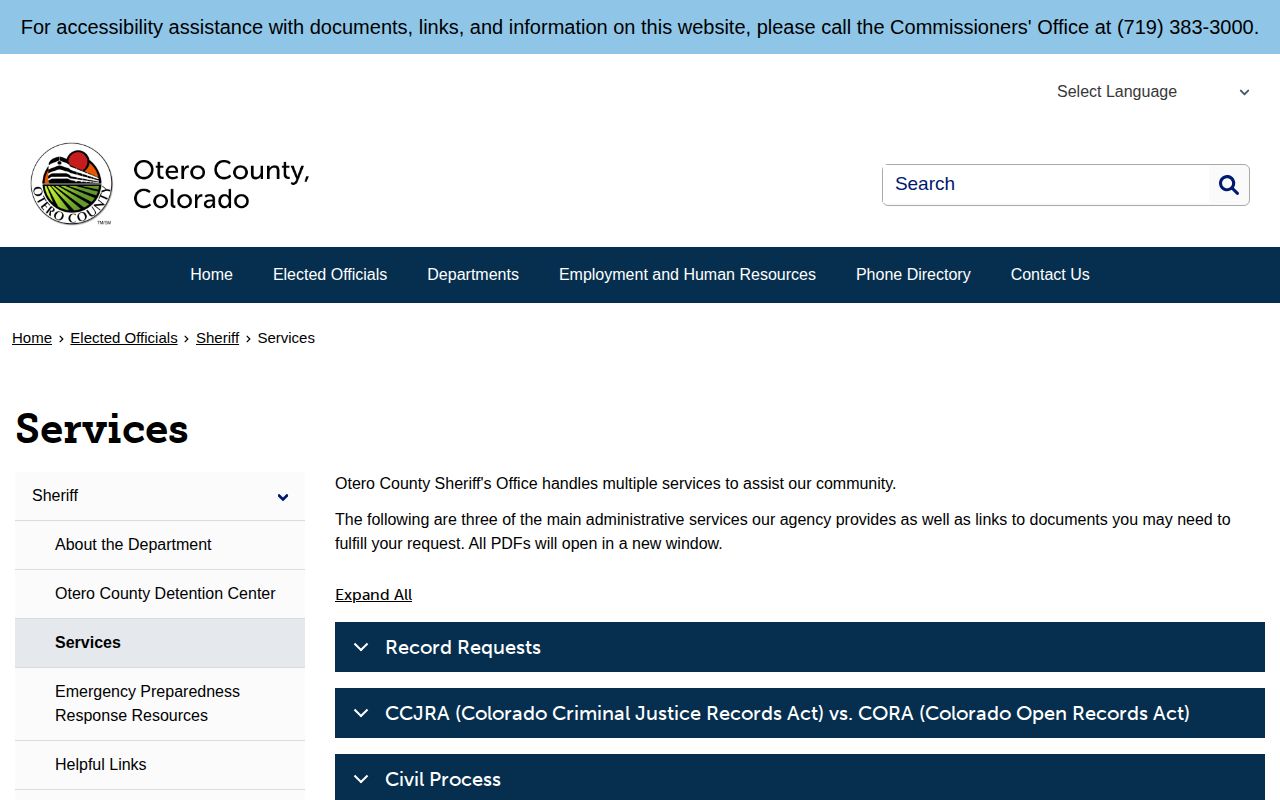 Otero County sheriff services records request page used for release-record fallback